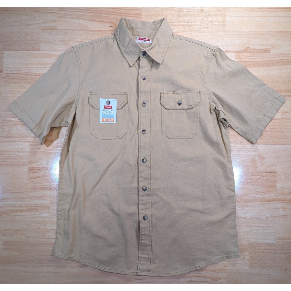 Wrangler Mens All Day Comfort Epic Soft Short Sleeve Button Up Shirt Khaki Med‎